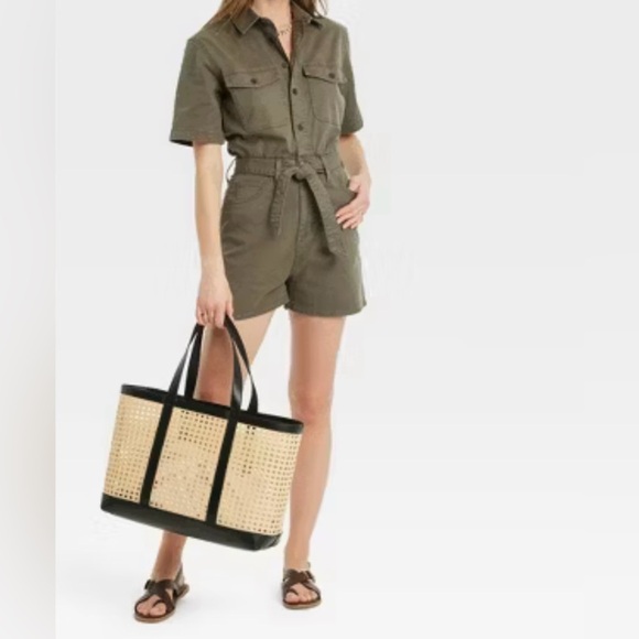 Women's Short Sleeve Denim Romper - Universal Thread™ Olive Green - Picture 1 of 11